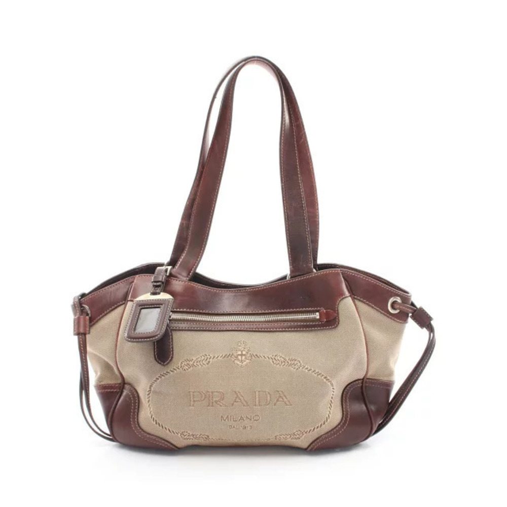 Prada jacquard shoulder bag canvas leather Beige Cream brown